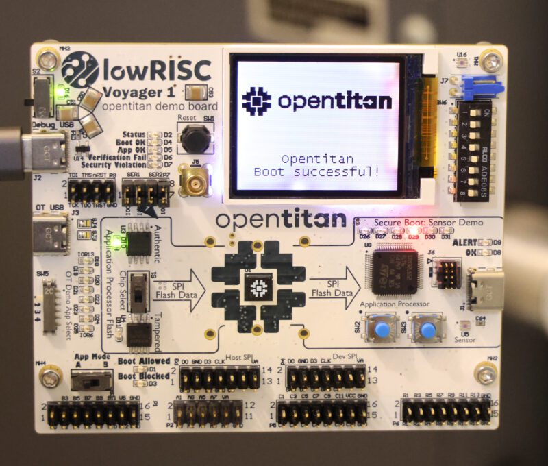 Picture of lowRISC Voyager 1 board containing the OpenTitan chip